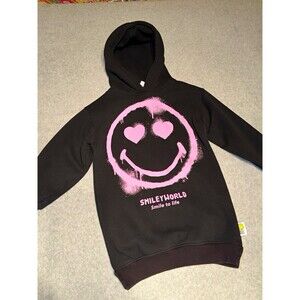 Zara Smiley World Hooded Sweater Dress Girl 8 Black Pink Logo Hoodie Hip-Hop